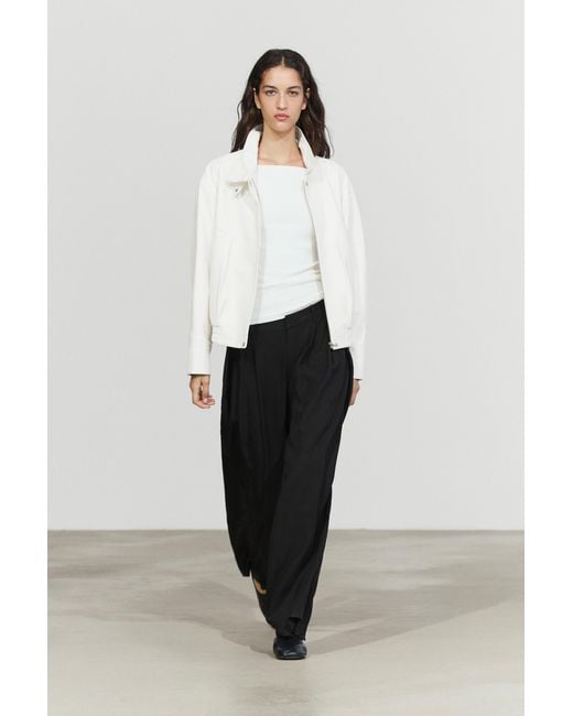 MASSIMO DUTTI White Nappa Leather Bomber Jacket