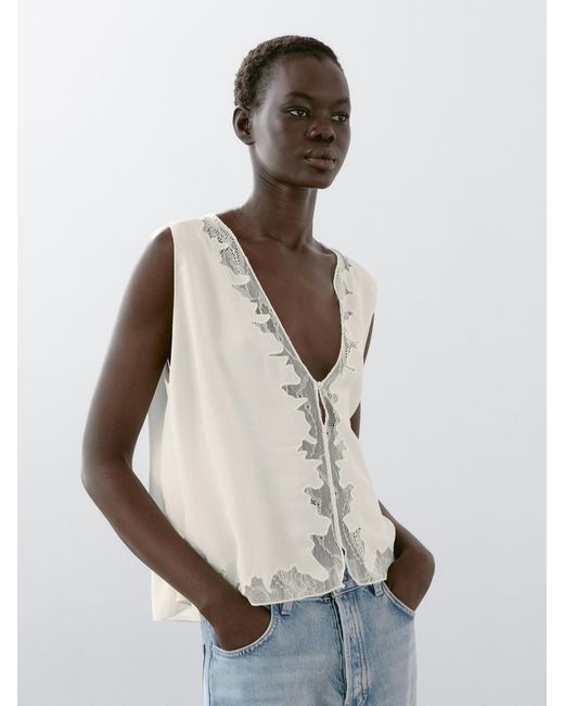 MASSIMO DUTTI White Flowing Blouse With Lace Detail