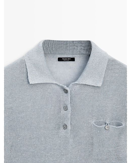 MASSIMO DUTTI Blue Fine Linen Polo Collar Sweater