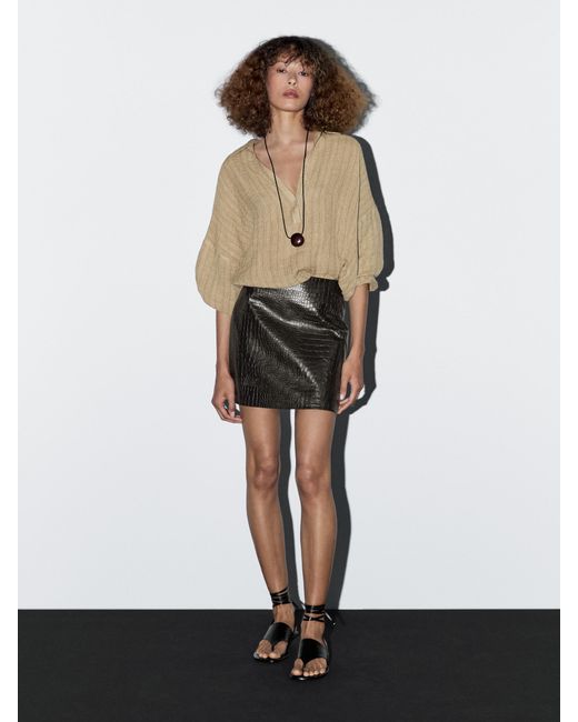 MASSIMO DUTTI White Mock Croc Nappa Leather Mini Skirt
