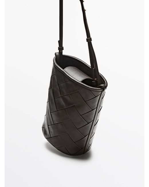 MASSIMO DUTTI Gray Woven Nappa Leather Bucket Bag