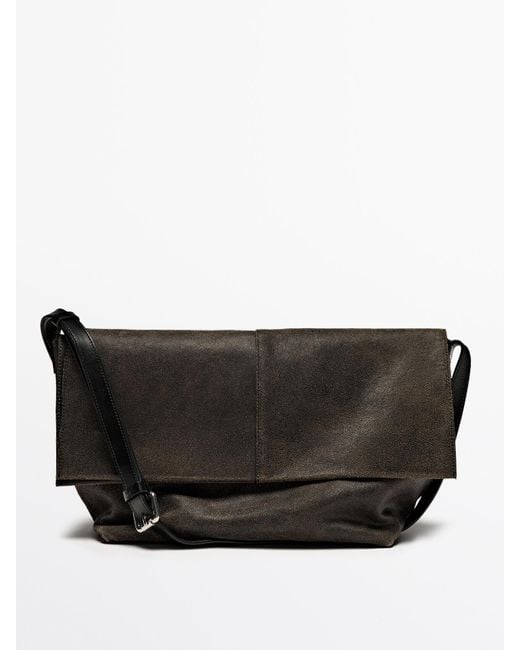 MASSIMO DUTTI Black Distressed Nappa Leather Flap Bag