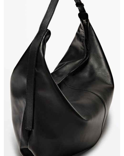 MASSIMO DUTTI Black Maxi Nappa Leather Half-Moon Bag