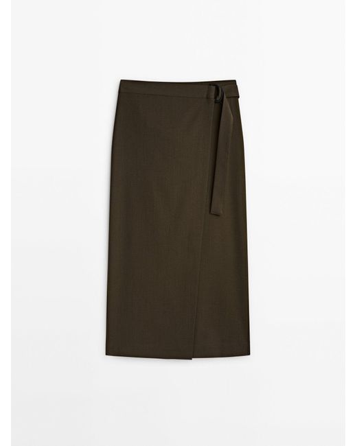 MASSIMO DUTTI Midi Pareo Skirt With Buckle in Green Lyst