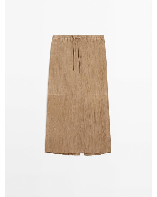 MASSIMO DUTTI Rechte Suède Leren Halflange Rok in het Natural