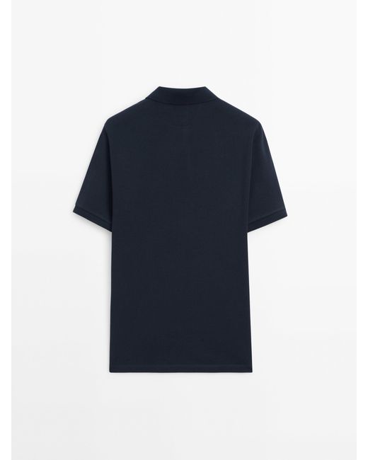 MASSIMO DUTTI Blue Microtextured Cotton Piqué Polo Shirt for men