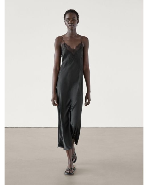 MASSIMO DUTTI Lace Midi Slip Dress in Natural | Lyst UK