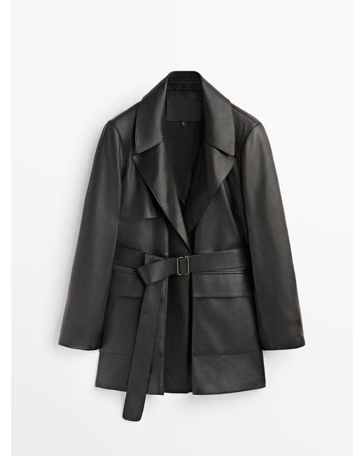 MASSIMO DUTTI Cropped Nappa Leather Trench Coat in Black | Lyst