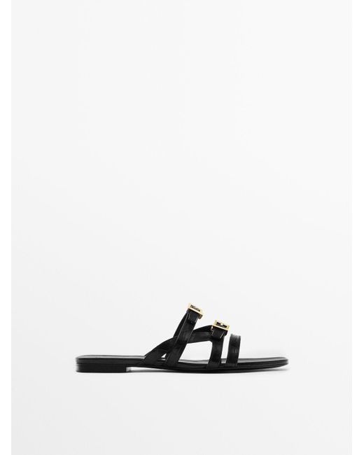 MASSIMO DUTTI Leather Strappy Flat Slider Sandals in White | Lyst