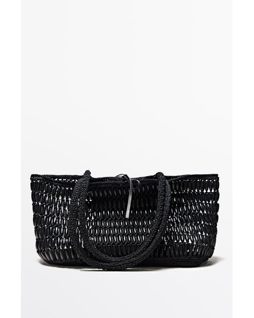 MASSIMO DUTTI Black Tote Bag With Wooden Details