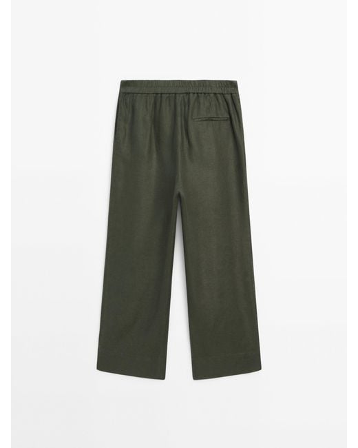 MASSIMO DUTTI Green 100% Linen Trousers With Double Darts