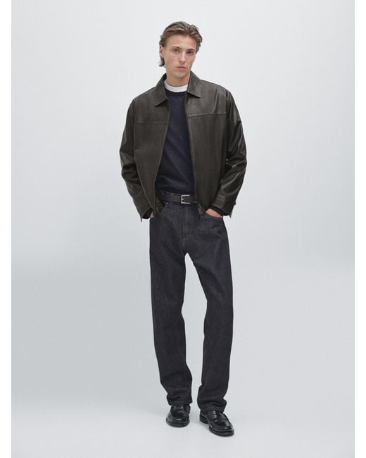 MASSIMO DUTTI Black Distressed Effect Leather Jacket for men