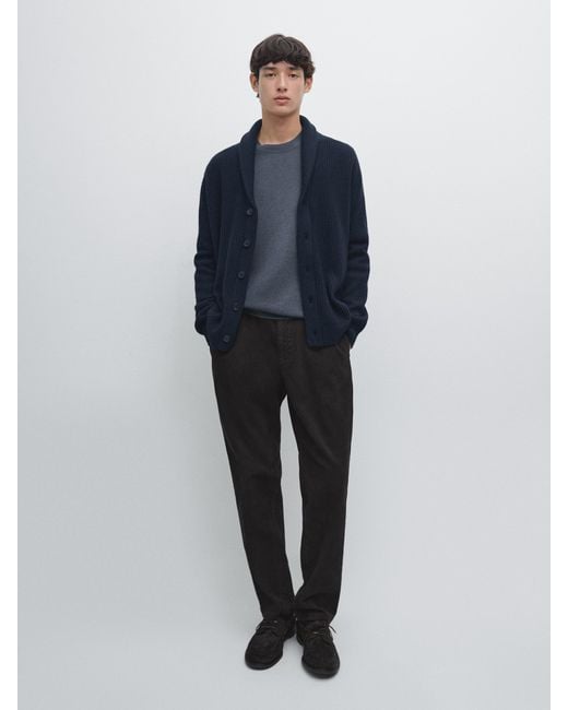 MASSIMO DUTTI Blue Knit Wool Blend Cardigan With Collar for men