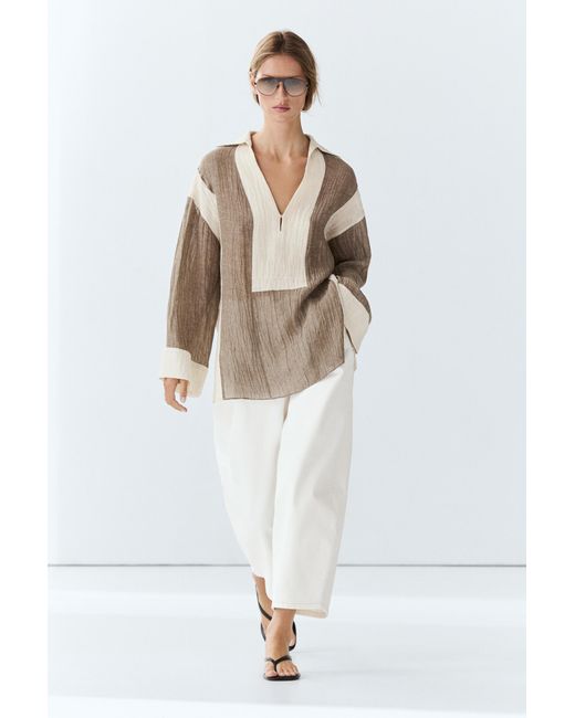 MASSIMO DUTTI White Flowing Textured Linen Blend Blouse