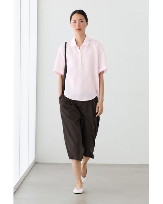 MASSIMO DUTTI Pink Linen Polo Collar Blouse