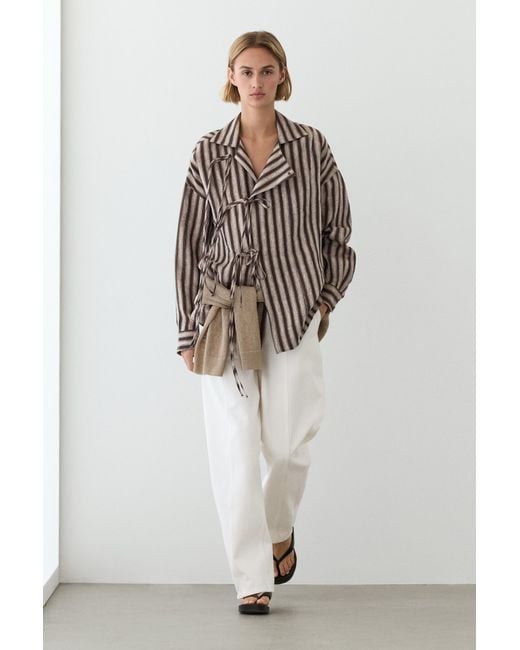 MASSIMO DUTTI Black Striped Wrap Shirt With Tie Detail