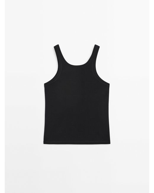 MASSIMO DUTTI Black 100% Linen Halter Top With Ribbed Detail