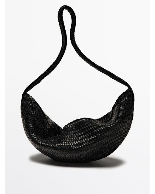 MASSIMO DUTTI Black Braided Nappa Leather Crossbody Bag