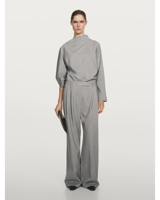 MASSIMO DUTTI Gray Wide-Leg Wool Trousers With Darts