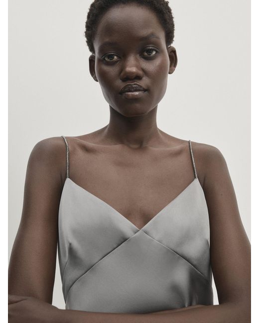 MASSIMO DUTTI Gray Strappy Satin Dress With Rhinestones