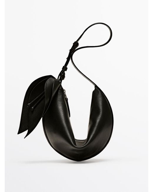 MASSIMO DUTTI Black Nappa Leather Half-Moon Bag With Flower Detail