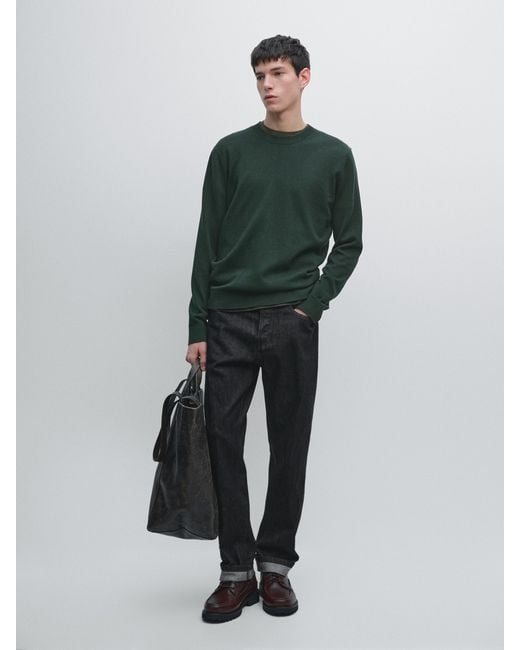 MASSIMO DUTTI Green Knit Cotton And Wool Sweater With Crew Neck for men