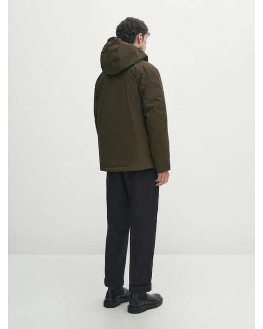 MASSIMO DUTTI Green Hooded Down And Feather Puffer Jacket for men