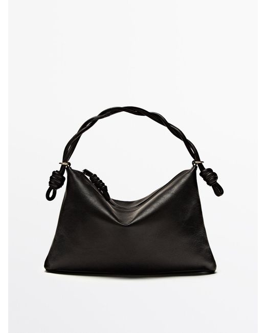 MASSIMO DUTTI Black Mini Nappa Leather Shoulder Bag With Plaited Strap