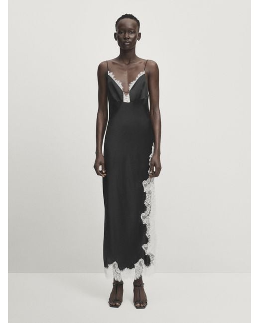 MASSIMO DUTTI Satin Camisole Dress With Contrast Lace in White | Lyst UK