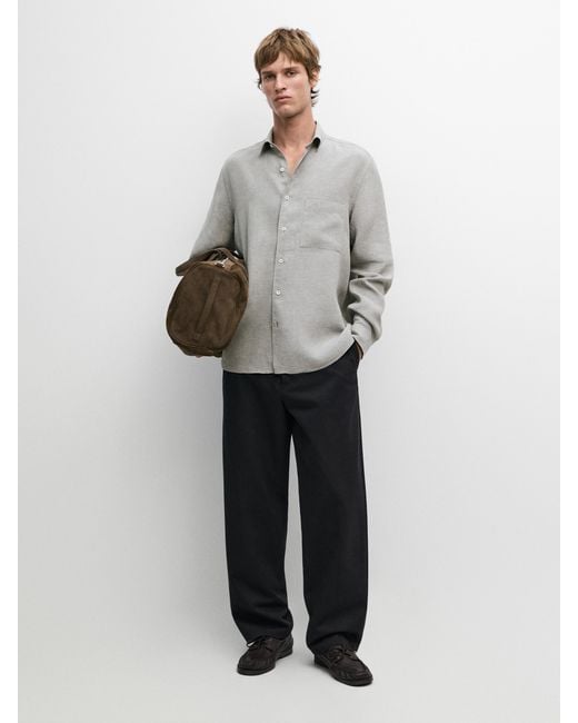 MASSIMO DUTTI Gray 100% Linen Regular Fit Shirt With Pocket for men