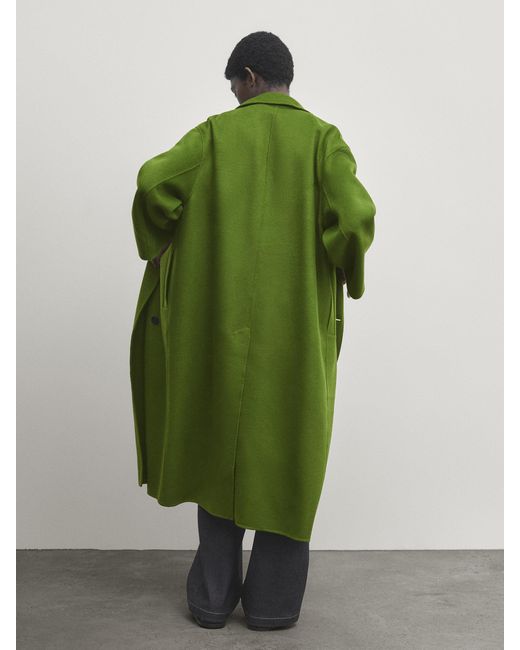 MASSIMO DUTTI Green Long Wool Blend Double-Breasted Coat
