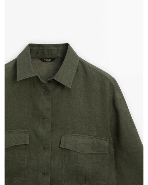 MASSIMO DUTTI Green 100% Linen Shirt With Pockets
