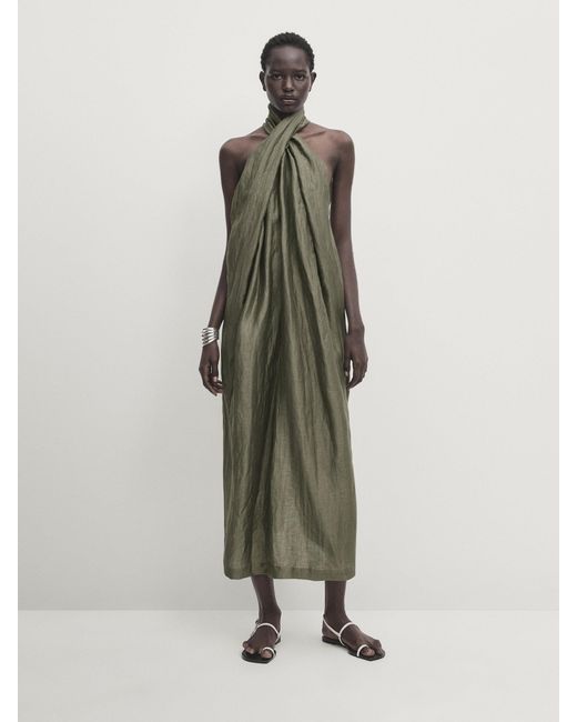 MASSIMO DUTTI Green Linen Blend Halter Dress