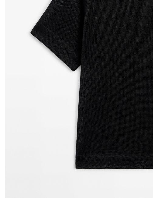 MASSIMO DUTTI Black Linen T-Shirt With Short Raglan Sleeves