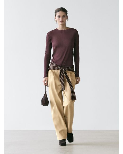 MASSIMO DUTTI Brown 100% Cotton Semi-Sheer T-Shirt With Collar Detail