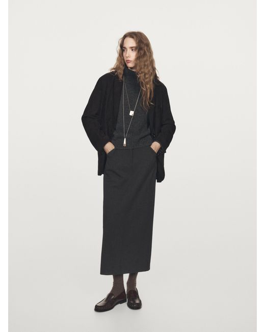MASSIMO DUTTI Black Straight Wool Blend Midi Skirt With Pockets