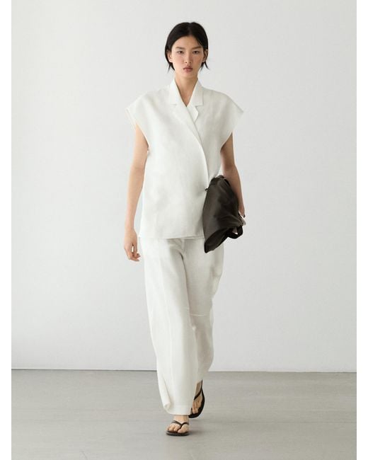 MASSIMO DUTTI White Linen Button-Up Vest