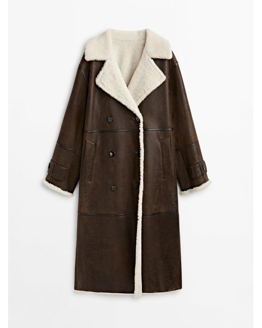 MASSIMO DUTTI Brown Double-breasted Mouton Leather Coat