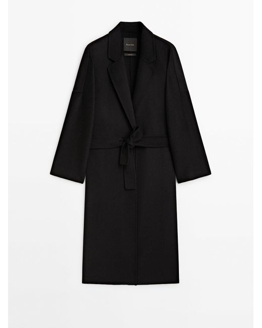 MASSIMO DUTTI Black Relaxed Wool Blend Robe Coat With Belt