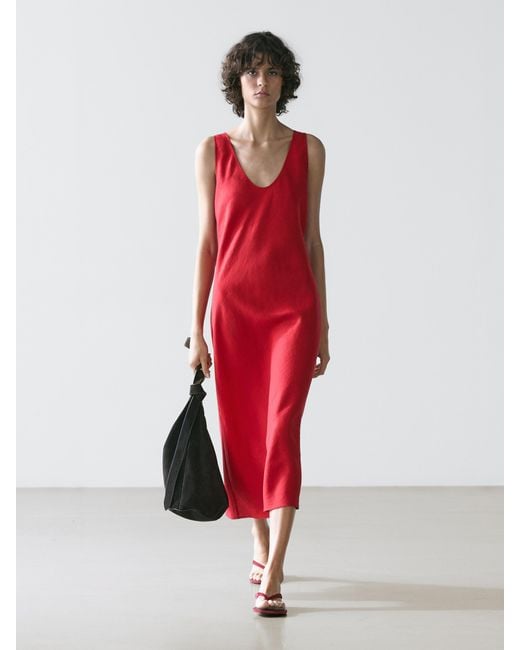 MASSIMO DUTTI Red Linen Strappy Midi Dress