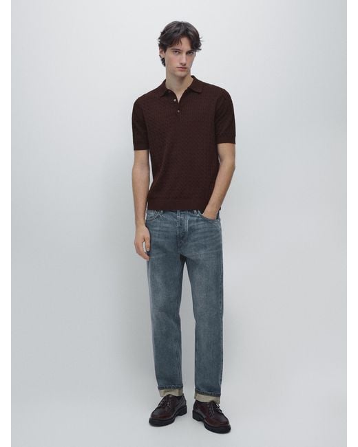 MASSIMO DUTTI Blue 100% Cotton Cable Knit Polo Shirt for men