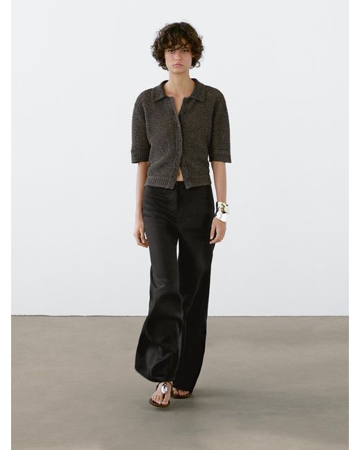 MASSIMO DUTTI Brown Short Sleeve Open-Knit Cardigan