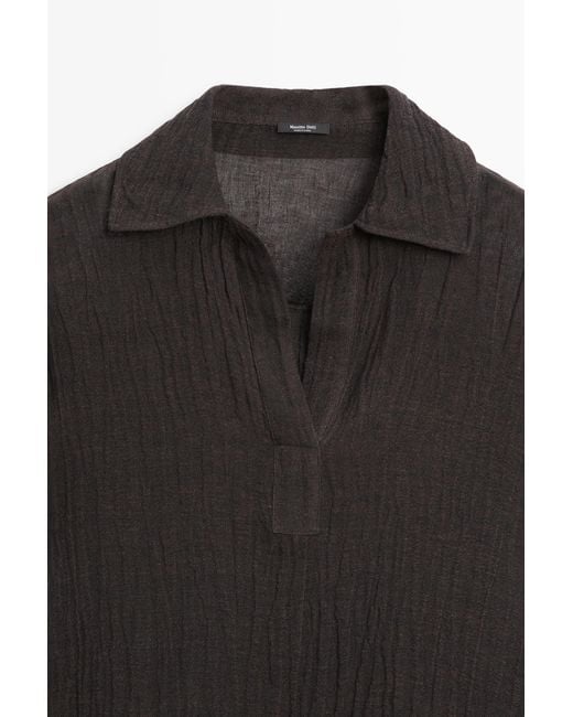 MASSIMO DUTTI Black Flowing Linen Blend Polo Blouse