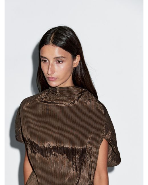 MASSIMO DUTTI Brown Pinstripe Blouse With Scarf Collar