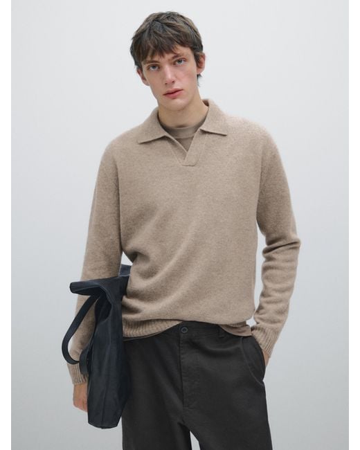 MASSIMO DUTTI Natural Wool Blend V-Neck Polo Sweater for men
