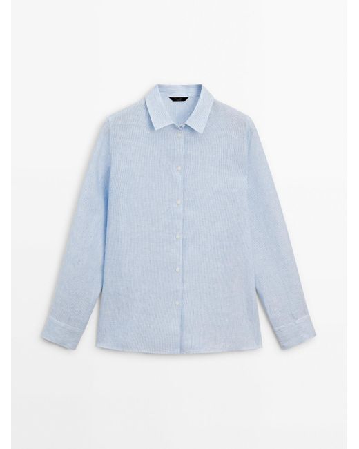 MASSIMO DUTTI Blue 100% Linen Striped Shirt