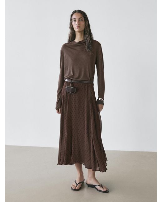 MASSIMO DUTTI Brown Flared Polka Dot Midi Skirt