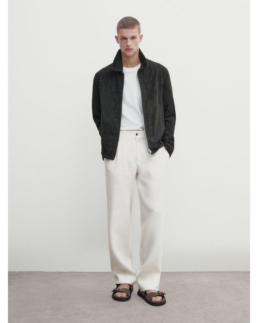 MASSIMO DUTTI White Suede Leather Zip-Up Jacket for men