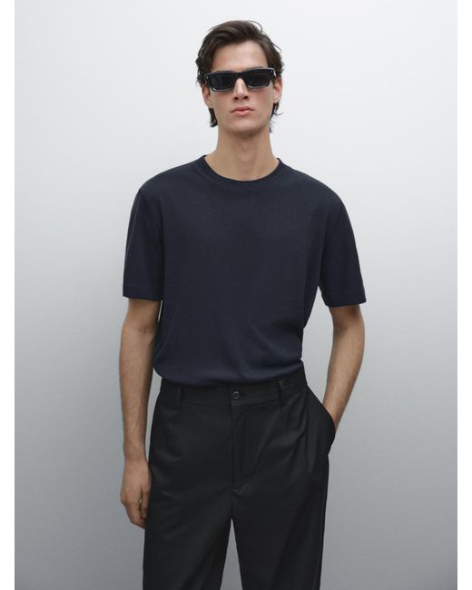 MASSIMO DUTTI Short-Sleeved T-Shirt With Linen in Blue für Herren