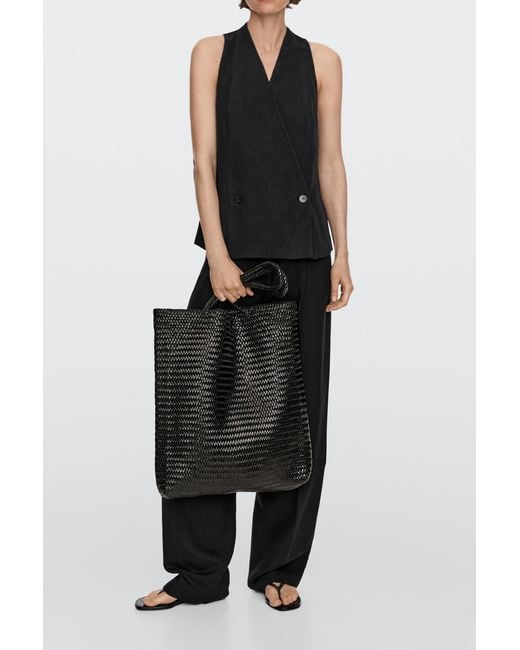 MASSIMO DUTTI Black Large Woven Nappa Leather Tote Bag